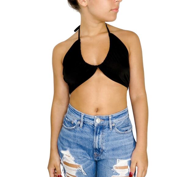 SHEIN Black Bralette Tie Tank Small Tiny Halter Crop Top Going Out Small - Picture 1 of 7